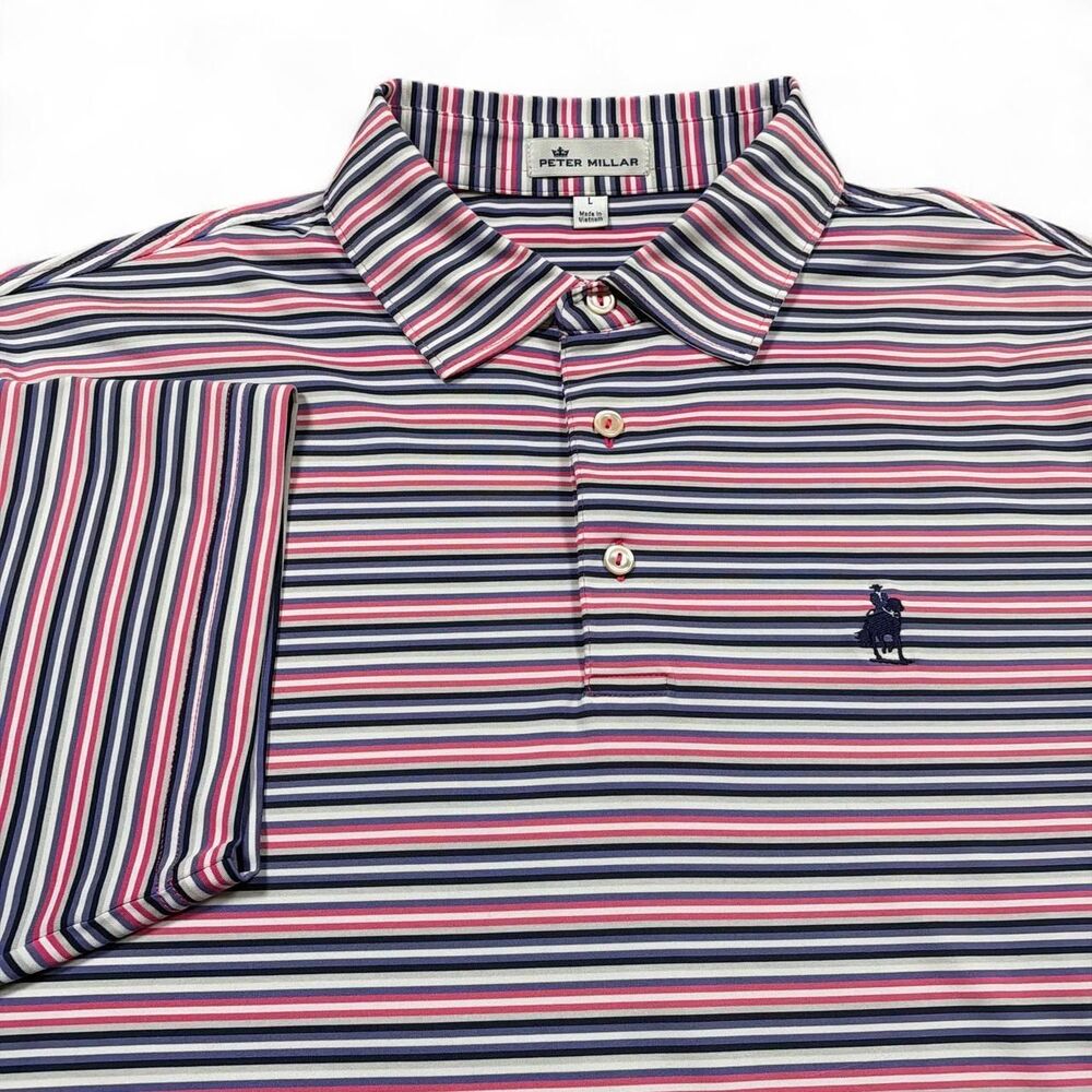 Peter Millar Crown Sport Men's L Striped Golf Performance Polo Shirt Cowboy Logo